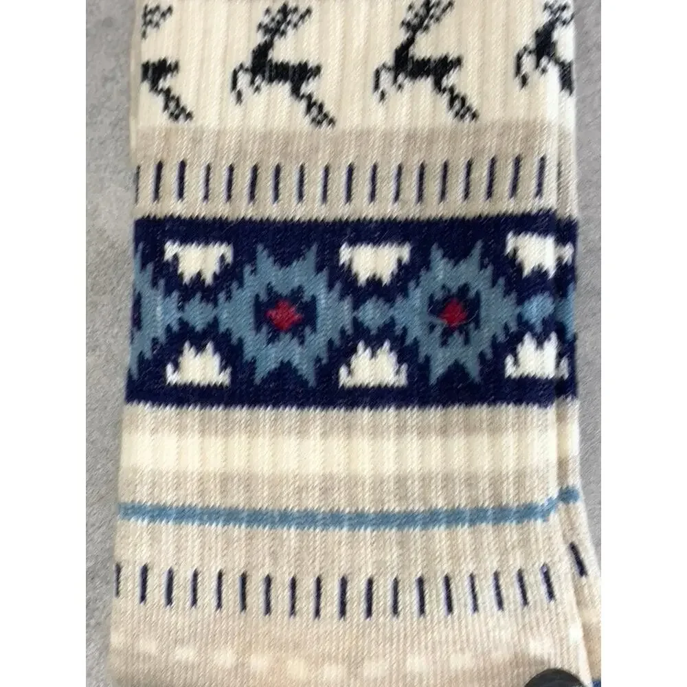 Sun + Stone Men's Blue/Tan Deer Fair Isle Fleece-Lined Crew Single Sock SZ 10-13